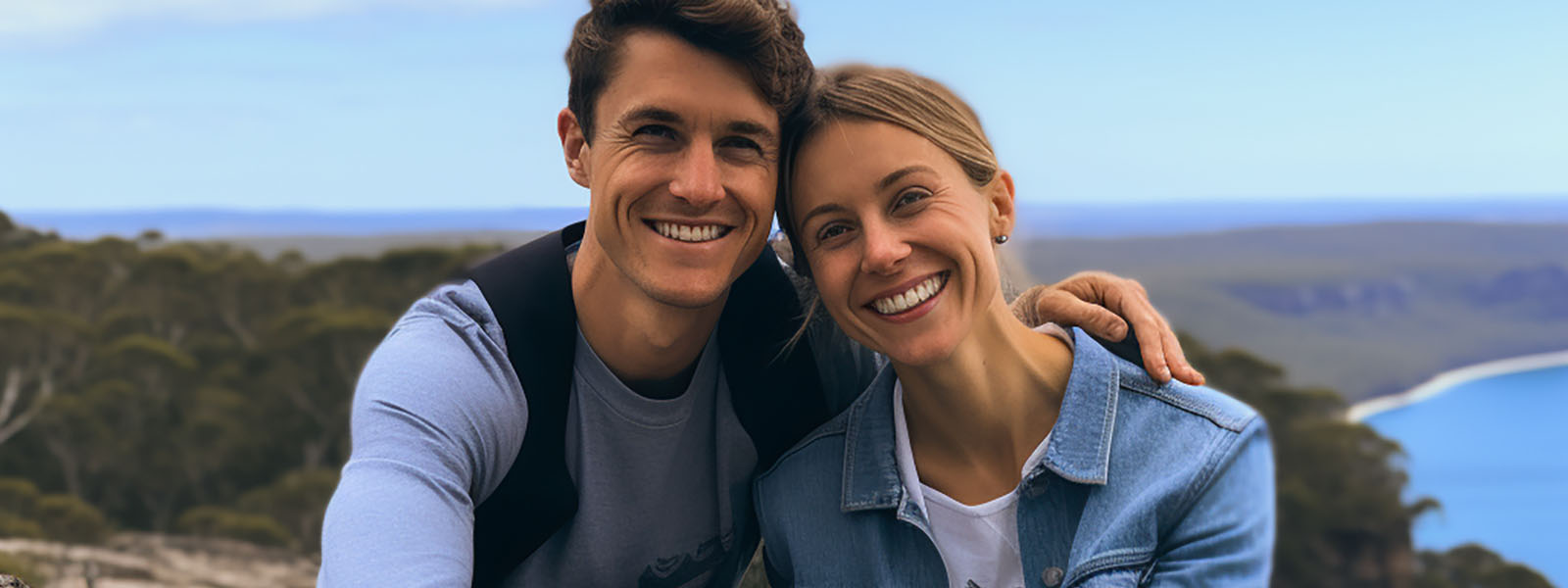 A smiling couple taking a selfie outdoors with a scenic view of the Australian coastline in the background.