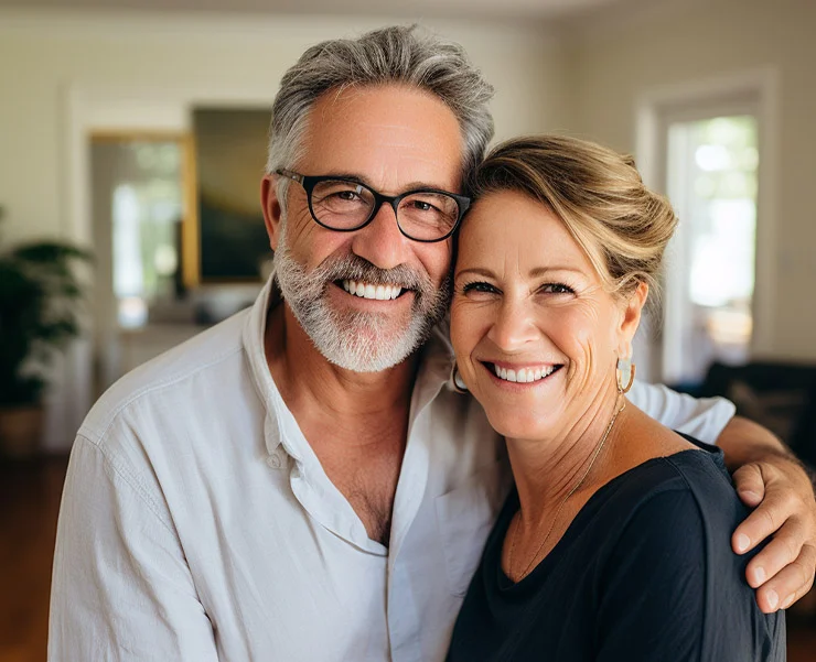 A smiling mature couple standing close together indoors, with the man wearing glasses and a light shirt, and the woman in a dark top.