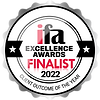 IFA Excellence Awards Finalist 2022 badge featuring a white and red design, denoting ActOn Wealth as a finalist for Client Servicing Company of the Year.