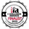 IFA Excellence Awards 2022 Finalist badge for Client Focused Firm of the Year category, featuring a red and white design with stars and text on a circular black and white badge.