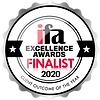 IFA Excellence Awards Finalist 2020 badge for Client Advocacy Firm of the Year featuring a white, red, and black color scheme with star embellishments around the edges.