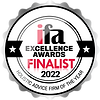 2022 IFA Excellence Awards Finalist badge for the 'Client Experience Firm of the Year', featuring a black and white design with a red banner highlighting the year 2022.