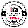 Logo of the IFA Excellence Awards 2022 Finalist for Practice Principal of the Year, featuring two stars, a red and white color scheme, and black text on a circular badge design.