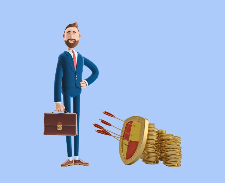 Businessman with a briefcase standing beside a shield with arrows and a stack of coins.