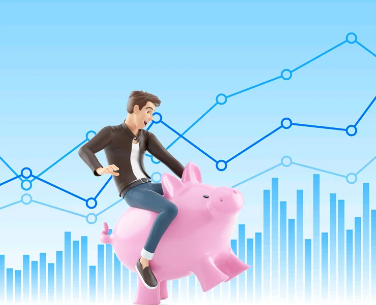 A man riding a large pink piggy bank with financial graphs in the background.