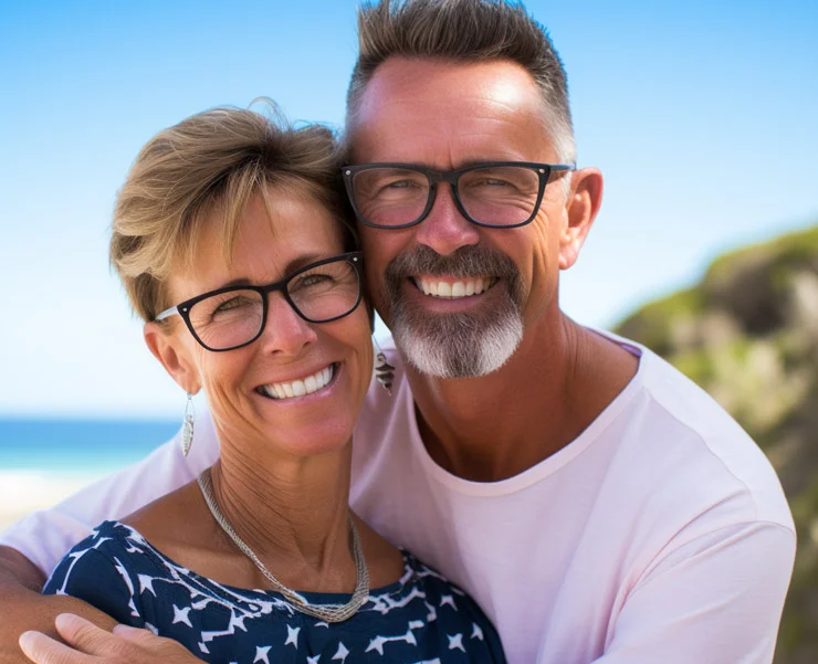 A smiling mature couple wearing glasses, embracing each other outdoors with a beach and blue sky in the background.