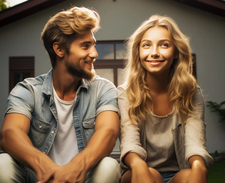 A young couple sitting together outdoors in front of a house, with the man looking at the woman, both smiling.