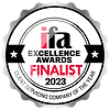 Logo for the 2023 IFA Excellence Awards, featuring a black and white badge design with two stars and the text 'Finalist' prominently displayed, indicating a finalist position for Client Servicing Company of the Year.