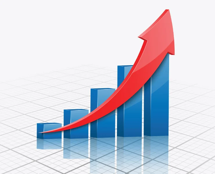 A 3D bar graph with blue bars increasing in height, overlaid with a red upward arrow, indicating growth or progress.