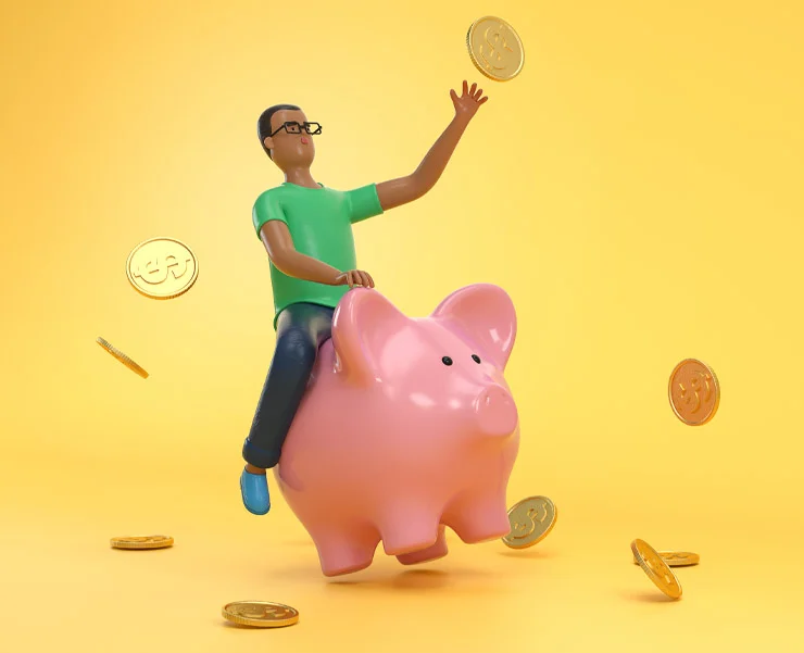 Man in glasses riding a pink piggy bank with gold coins falling around him on a yellow background.