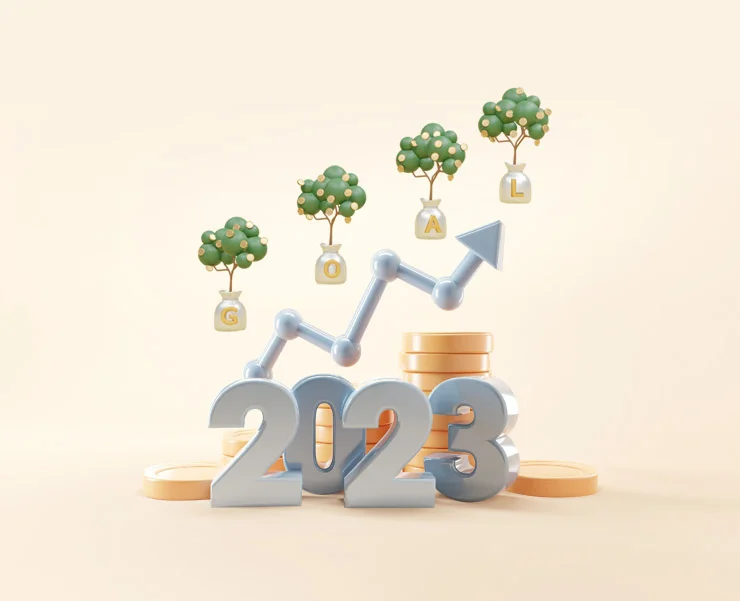 The year 2023 with an upward arrow leading to trees bearing the word "GOAL," surrounded by coins.