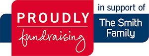 Logo for a fundraising initiative showing 'Proudly fundraising' in white text on a red background with 'in support of The Smith Family' in blue, indicating a partnership with The Smith Family charity.