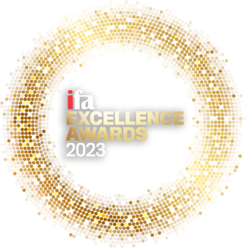 Logo for the IFA Excellence Awards 2023 featuring a sparkling golden circle on a black background, highlighting the prestigious nature of the award.