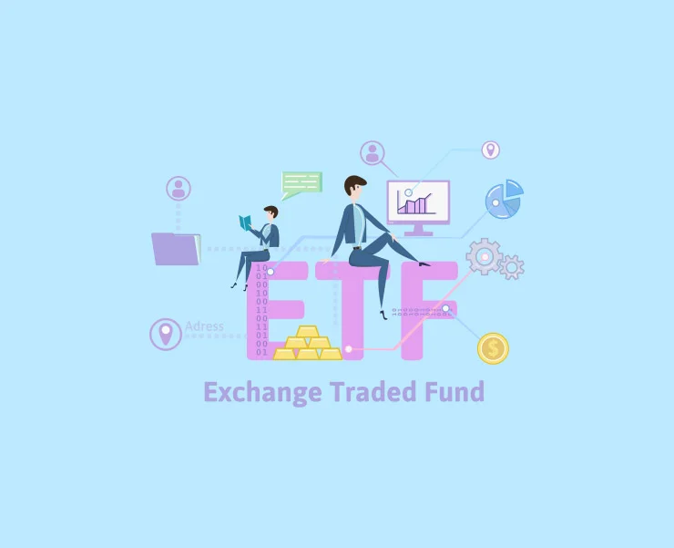 Illustration of the text 'ETF' with small animated characters and financial icons, representing the concept of Exchange Traded Funds.