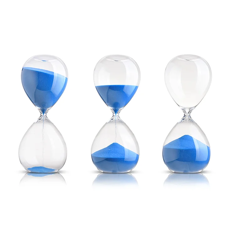 Three hourglasses with blue sand, showing different stages of sand passing through.