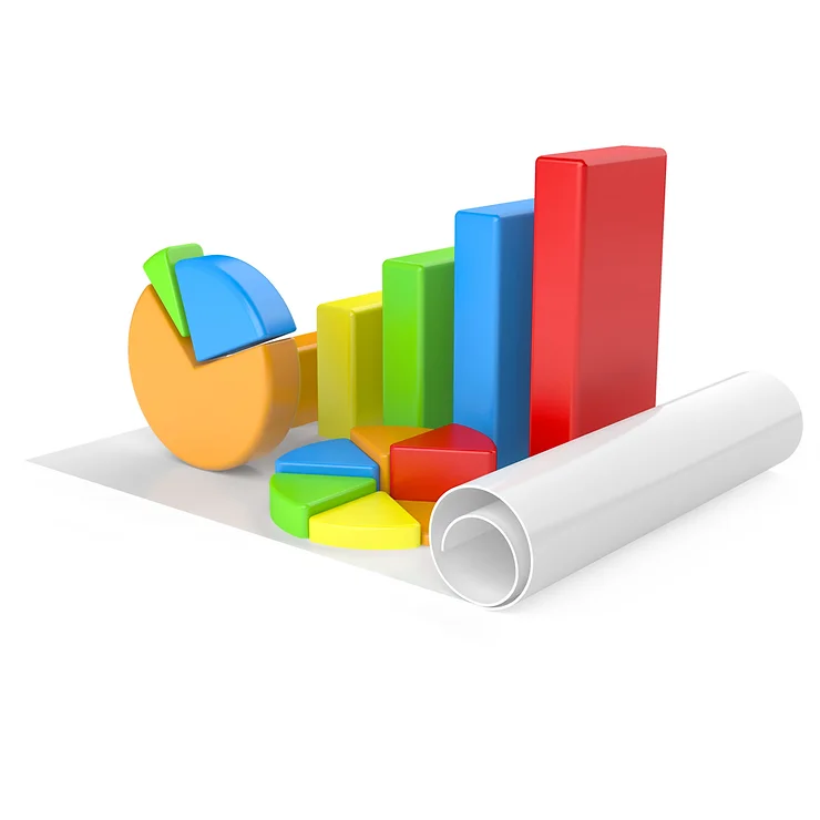 Colourful 3D pie chart and bar graph on a white background with a rolled-up sheet.