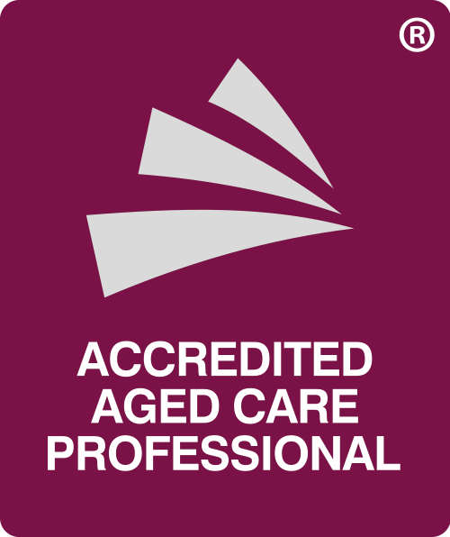 Logo of Accredited Aged Care Professional, featuring a purple background with a white abstract design of three rays expanding from a central point, symbolising expertise and professionalism in aged care.