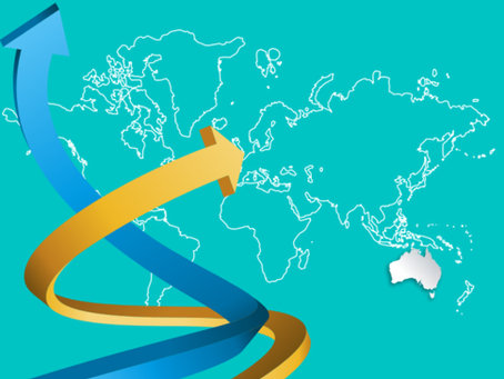 Three colourful arrows curving upward in front of a world map outline, with Australia highlighted.