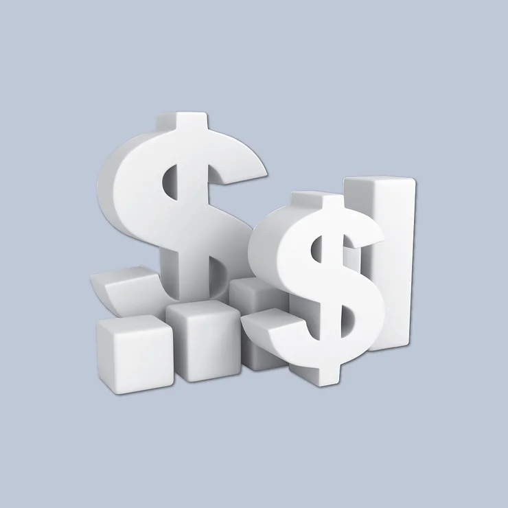 Two large white dollar signs surrounded by abstract rectangular blocks on a light grey background.