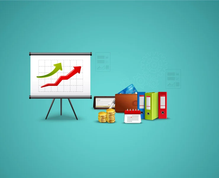 Illustration showing a graph with upward-trending arrows on a presentation board, accompanied by financial items like coins, a wallet, credit cards, binders, and a calendar.