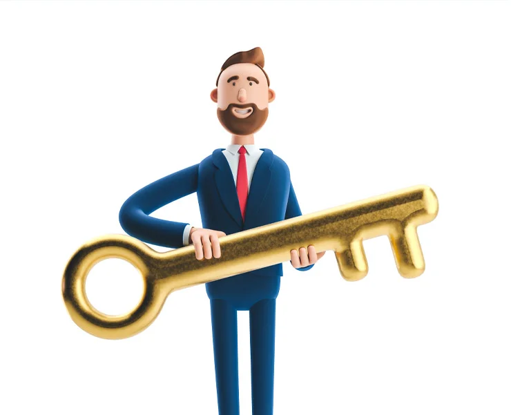 A cartoon businessman in a blue suit holding a large golden key, symbolizing the concept of access or unlocking potential.