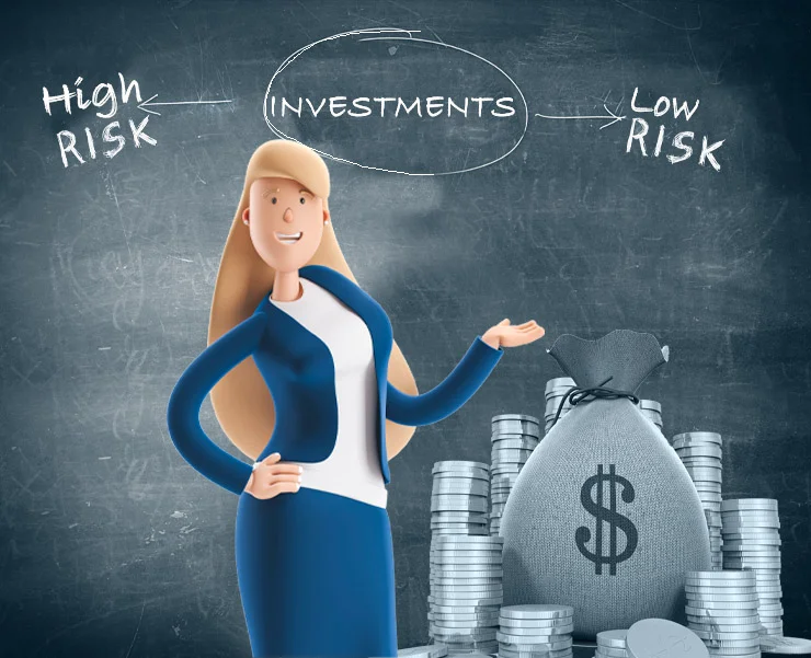 Animated woman presenting investment options with a money bag and coins against a chalkboard backdrop labeled 'High Risk' and 'Low Risk.