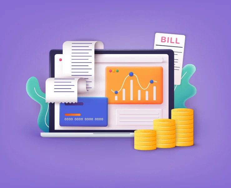 Laptop screen displaying financial graphs, bills, credit card, and stacks of coins.