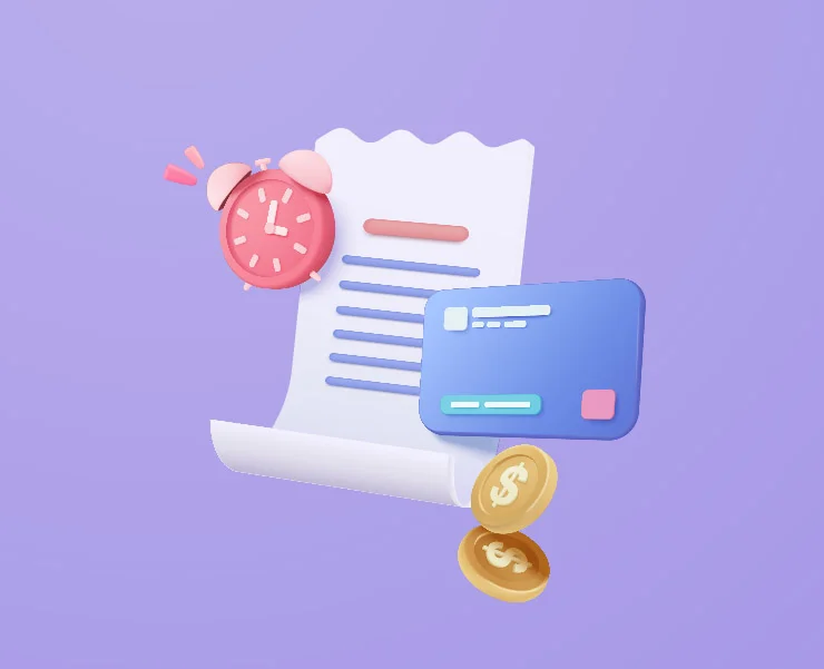 A bill, credit card, alarm clock, and coins on a purple background.