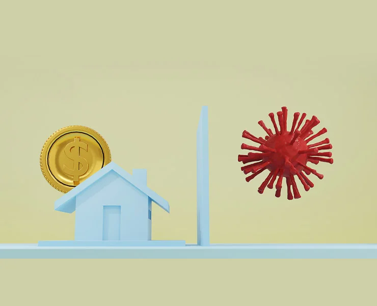 A blue house and a dollar coin are shielded from a red virus model by a barrier, symbolizing protection of financial assets during a pandemic.