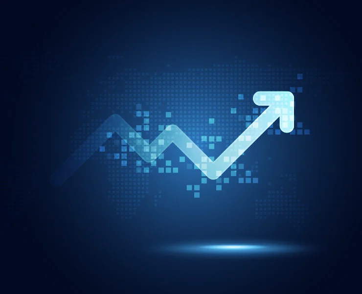 Digital arrow graph trending upward on a dark blue background with a pixelated world map.