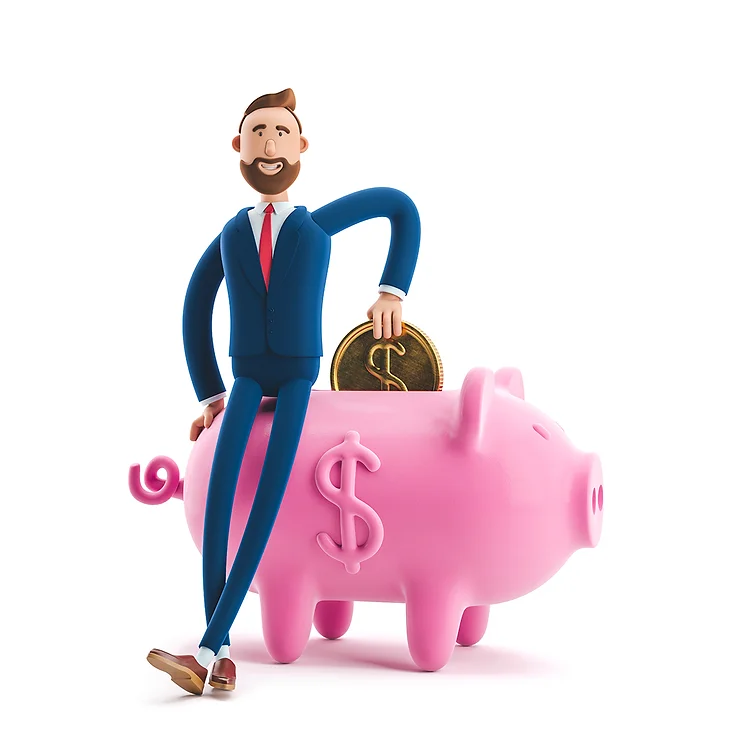 Cartoon businessman in a blue suit standing confidently next to a large pink piggy bank with a dollar sign, holding a large coin.