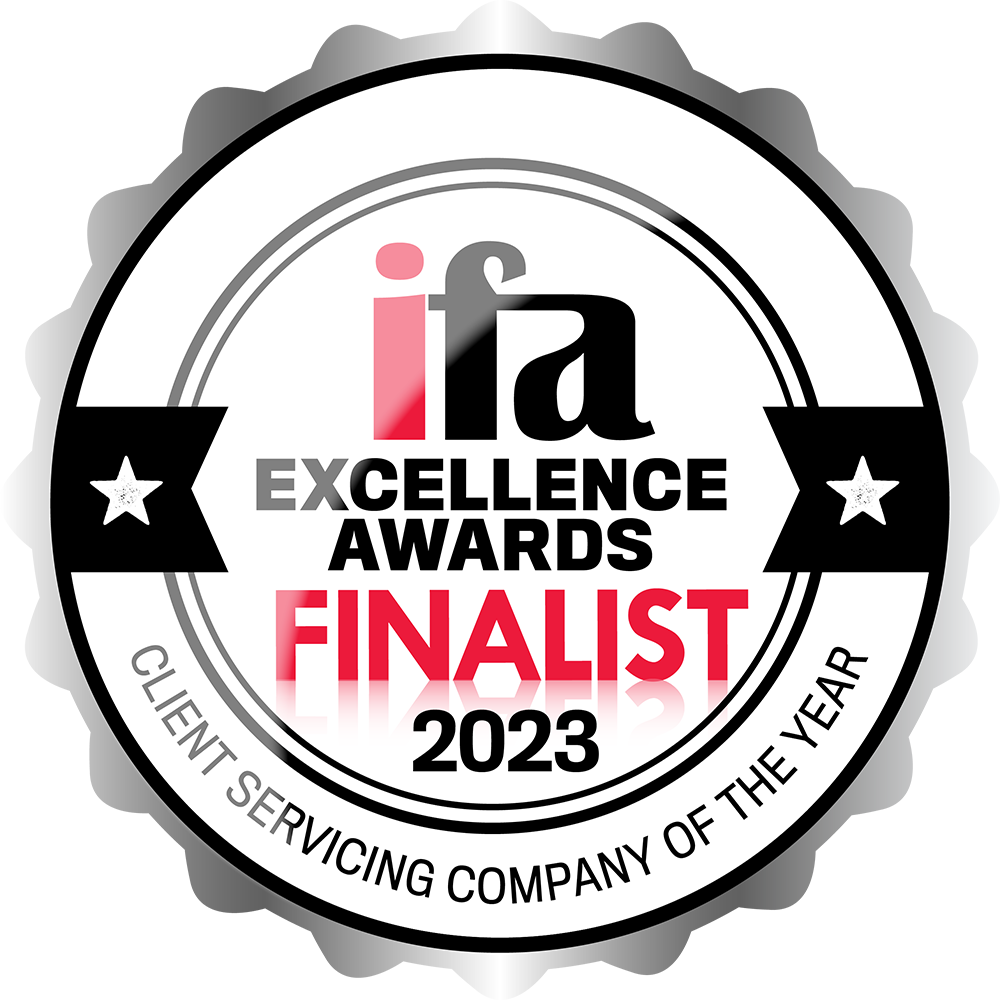 IFA Excellence Awards Finalist 2023 icon for ​Client Servicing Company of the Year, featuring a black and white badge design with red accents.