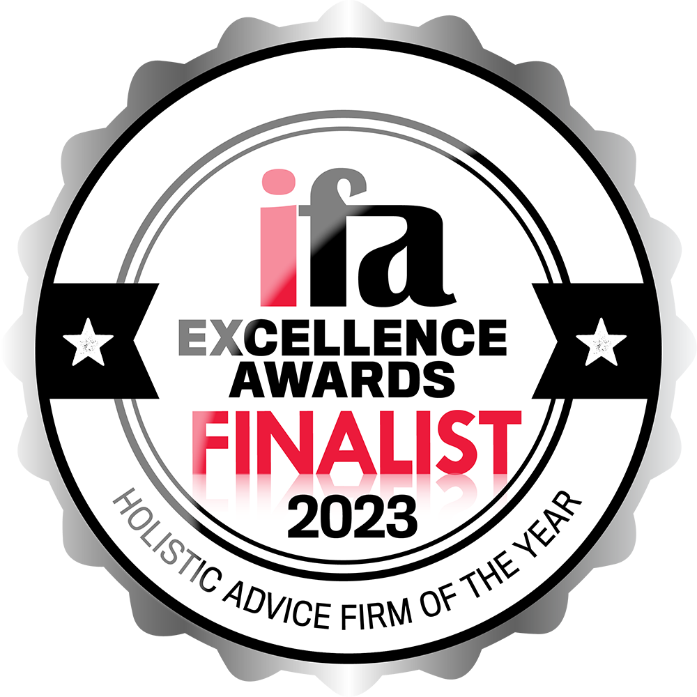 IFA Excellence Awards Finalist 2022 icon for ​​Holistic Advice Firm Of The Year 2023, featuring a black and white badge design with red accents.