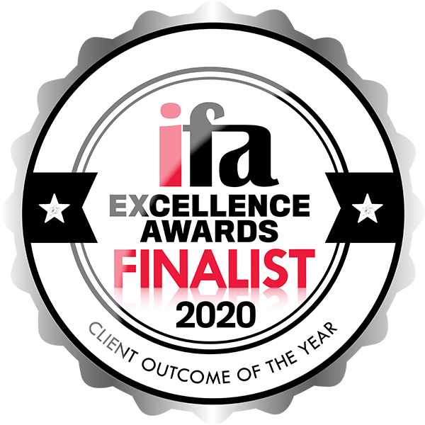 IFA Excellence Awards 2020 Finalist badge, featuring a white and black design with stars and text celebrating a finalist in the Client Service of the Year category.