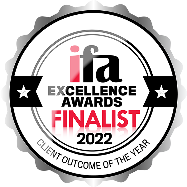 IFA Excellence Awards Finalist 2022 icon for Client Outcome of the Year 2022, featuring a black and white badge design with red accents.