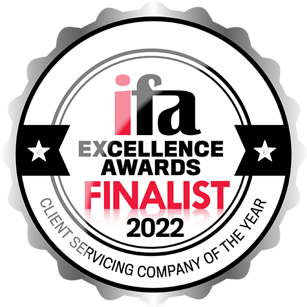 IFA Excellence Awards Finalist 2022 icon for ​Client Servicing Company of the Year, featuring a black and white badge design with red accents.