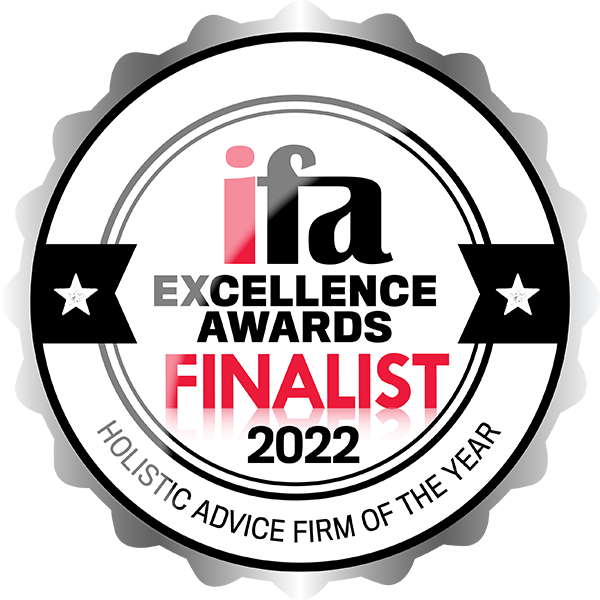 IFA Excellence Awards Finalist 2022 icon for ​Holistic Advice Firm of the Year, featuring a black and white badge design with red accents.