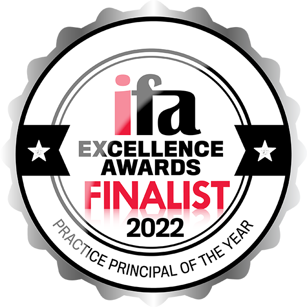 IFA Excellence Awards Finalist 2022 icon for Practice Principal of the Year, featuring a black and white badge design with red accents.