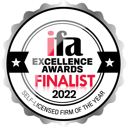 IFA Excellence Awards Finalist 2022 icon for Self-Licensed Firm of the Year, featuring a black and white badge design with red accents.