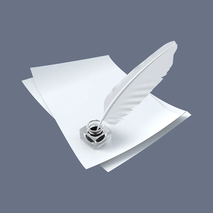 A quill pen and inkwell on top of blank sheets of paper.