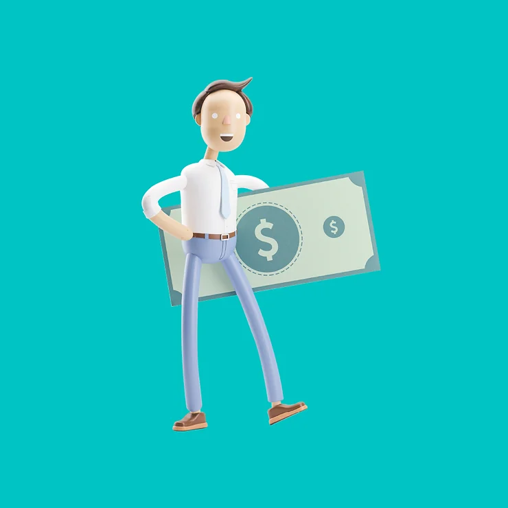 Illustration of a cheerful character holding a large dollar bill.