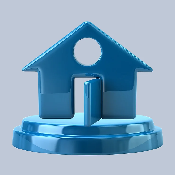 A blue, stylized house icon with an open door, sitting on a circular base.