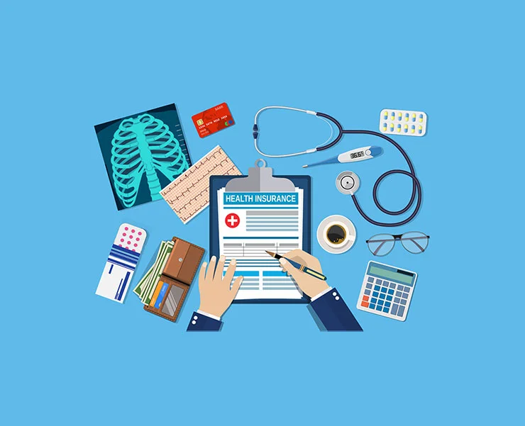 A graphic showing hands filling out a health insurance form, surrounded by medical items such as an X-ray, stethoscope, thermometer, pills, a credit card, and a wallet.