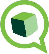 Icon of the ProductReview logo featuring a dark green speech bubble with a lighter green cube inside, symbolising user feedback and product reviews.