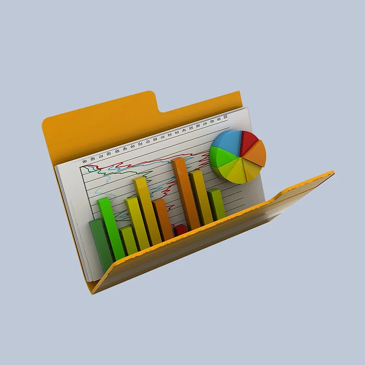 A financial folder containing documents with colorful bar charts and a pie chart.