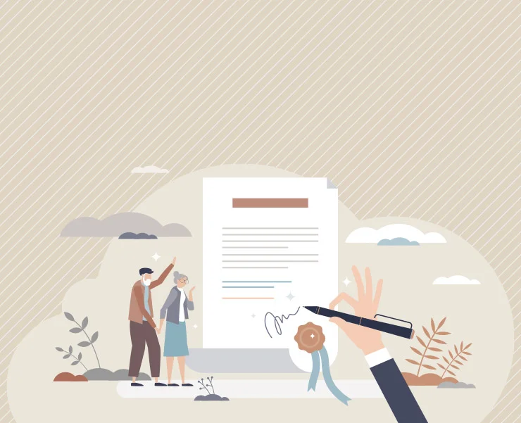 Large document being signed with an elderly couple standing beside it, set on a beige background.