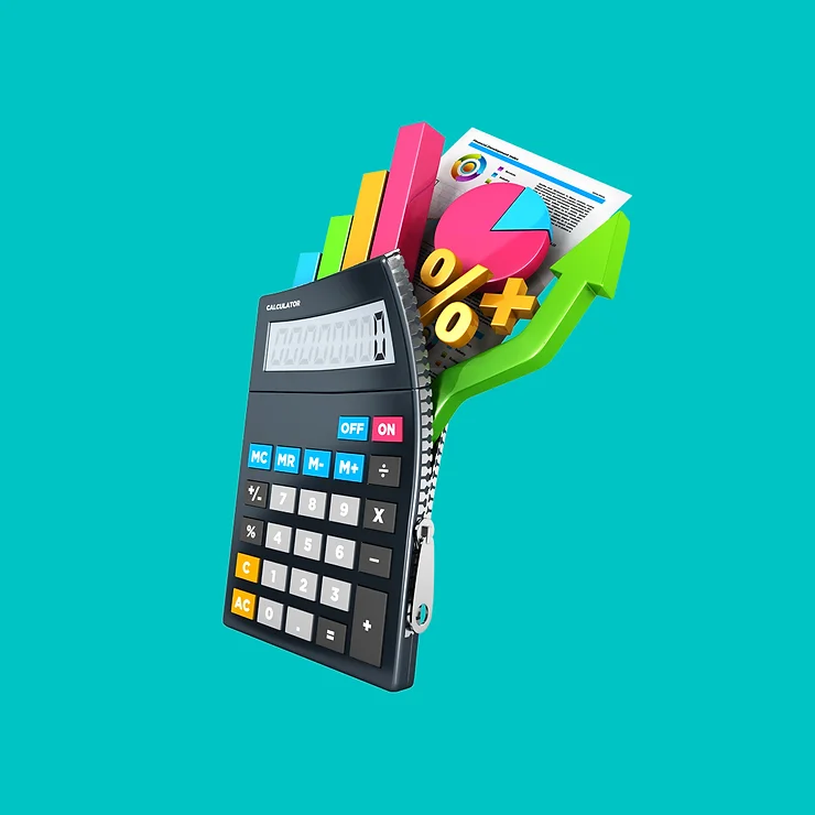 3D illustration of a calculator with colorful financial charts, graphs, and symbols emerging from its display.