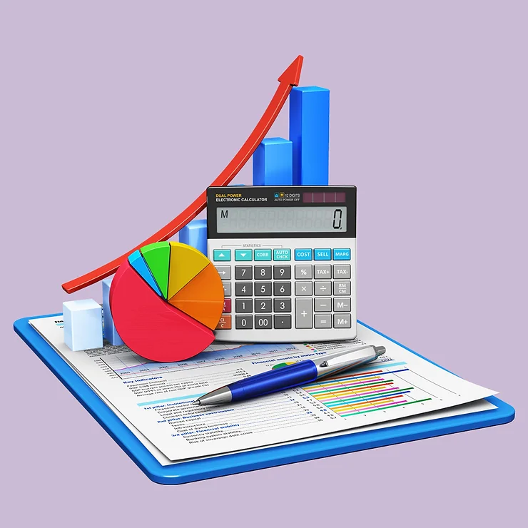 A financial illustration with a calculator, pie chart, and bar graph on a document clipboard.