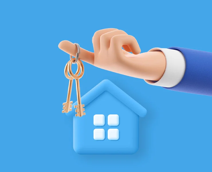 A 3D illustration of a hand holding house keys in front of a blue house icon, symbolising home ownership or real estate.