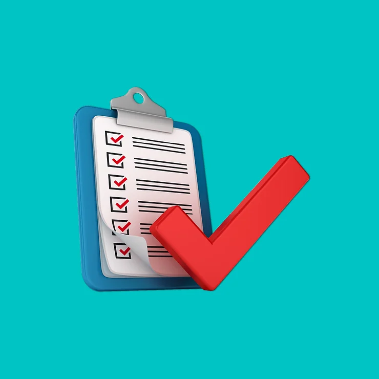 3D illustration of a clipboard with a checklist and a large red checkmark symbol.